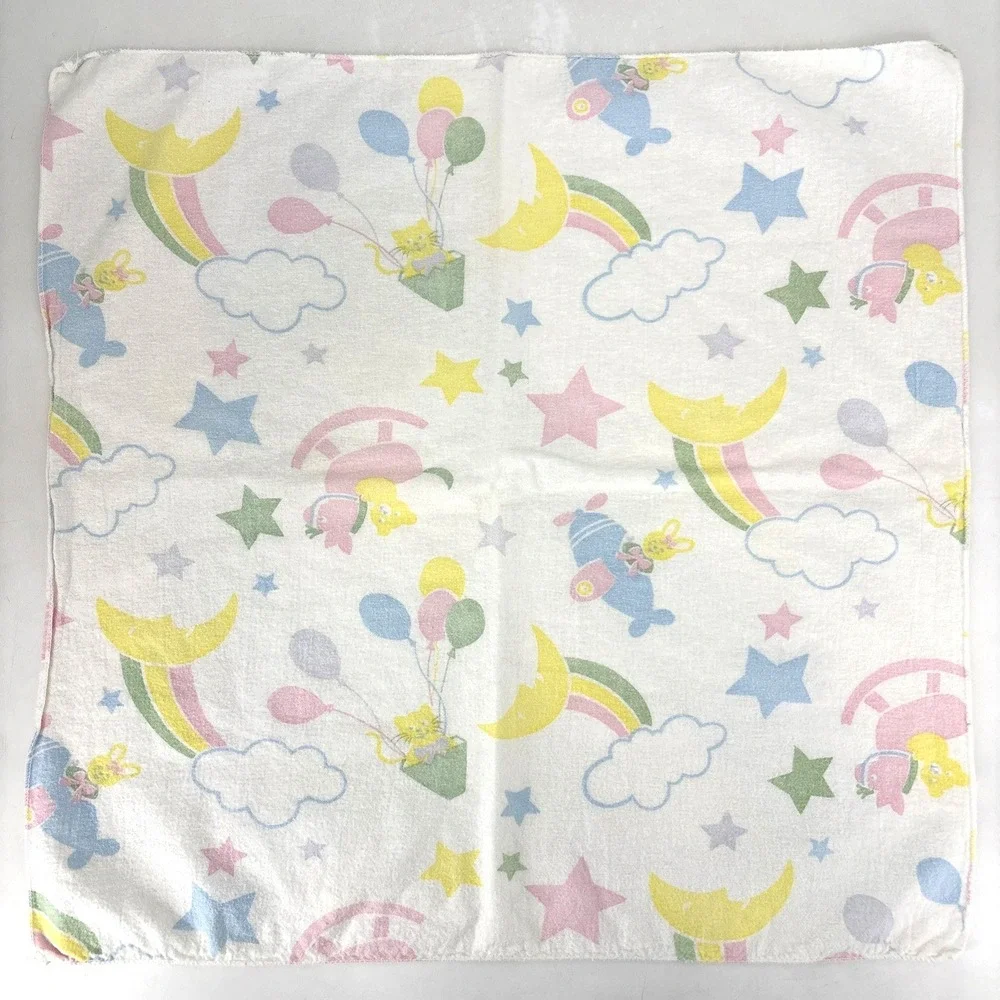 Vtg Beacon Rainbow Baby Blanket White Stars Balloon Bunny Plane Pastel Receiving